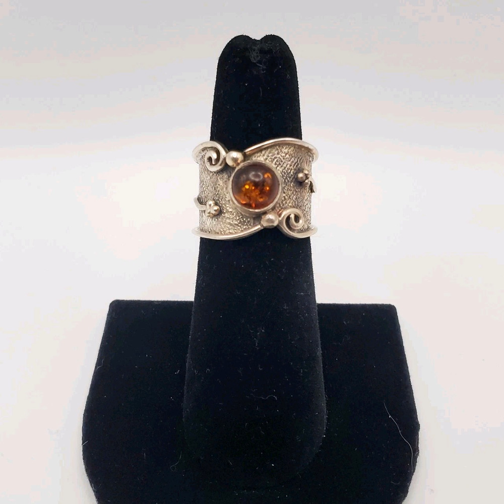 Sterling Silver 925 Artisan Boho Baltic Amber Wide Band Ring Size 6